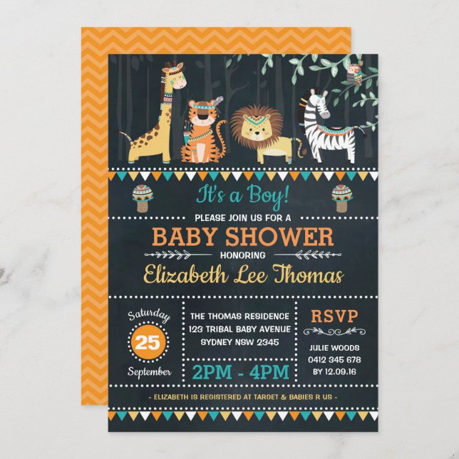Invitation Tableau animal tribal de baby shower de safari de (Devant / Derrière)