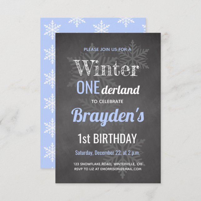 Invitation Tableau bleu Onederland d'hiver 1er anniversaire (Devant / Derrière)