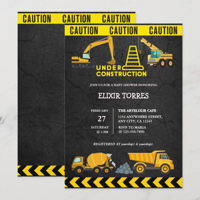 Invitation Tableau de bord en construction Baby shower (Devant / Derrière)