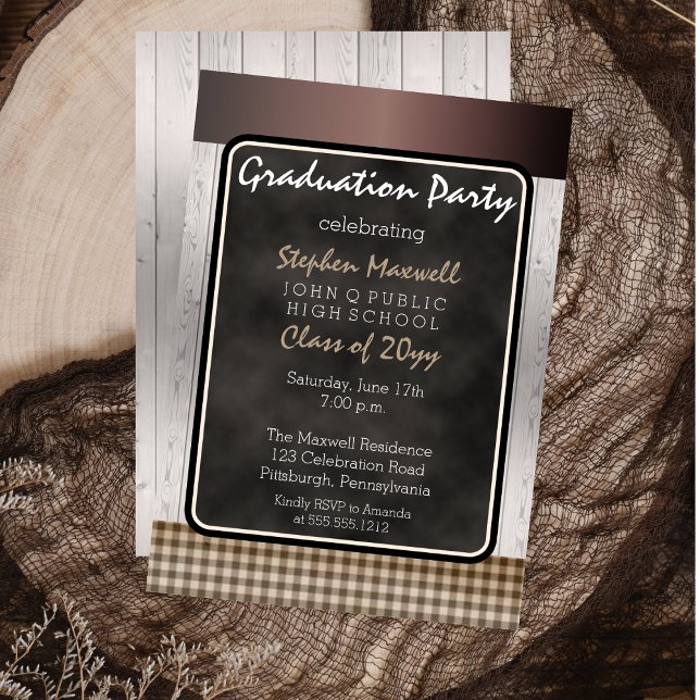 Invitation Tableau de bord rustique | Partie de graduation en (Rustic Chalkboard Faux Wood Graduation Party Invitation -- Print and/or Digital Download)