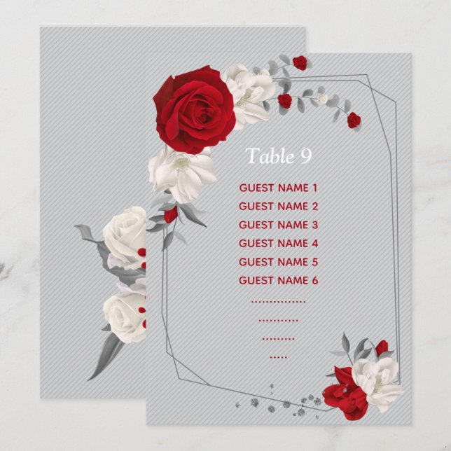 Invitation tableau de fleurs rouges et blanches numéro de tab (Devant / Derrière)