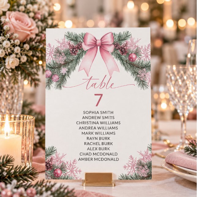 Invitation Tableau de numérotation de table de Noël à ruban r (Pink Bow Winter Table Number Seating Card, pine branches, pink snowflakes, guest names)
