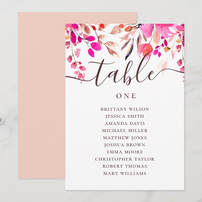 Invitation Tableau de placement de mariage floral rose aquare (Devant / Derrière)