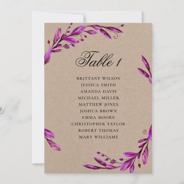 Invitation Tableau de placement de mariage rustique violet. C (Devant)