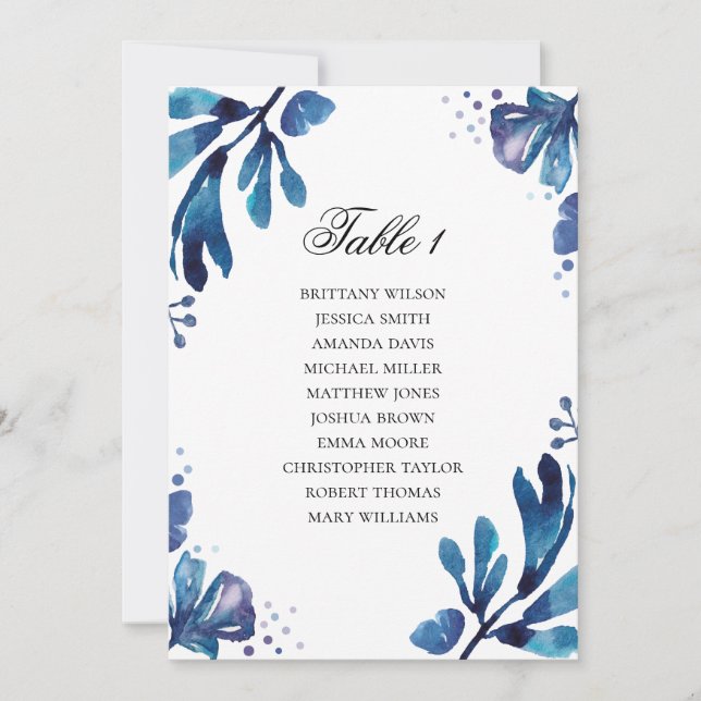 Invitation Tableau de sièges floral bleu. Plan de mariage mar (Devant)