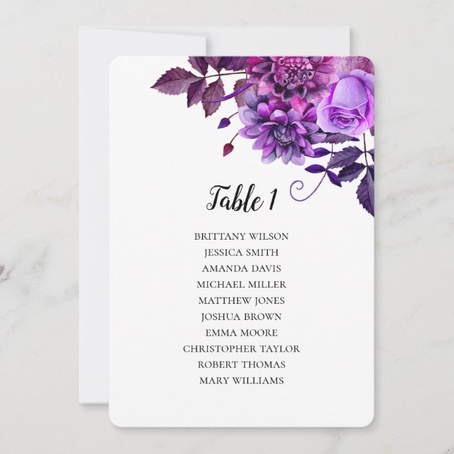 Invitation Tableau de sièges mariage violet. Plan de table fl (Devant)