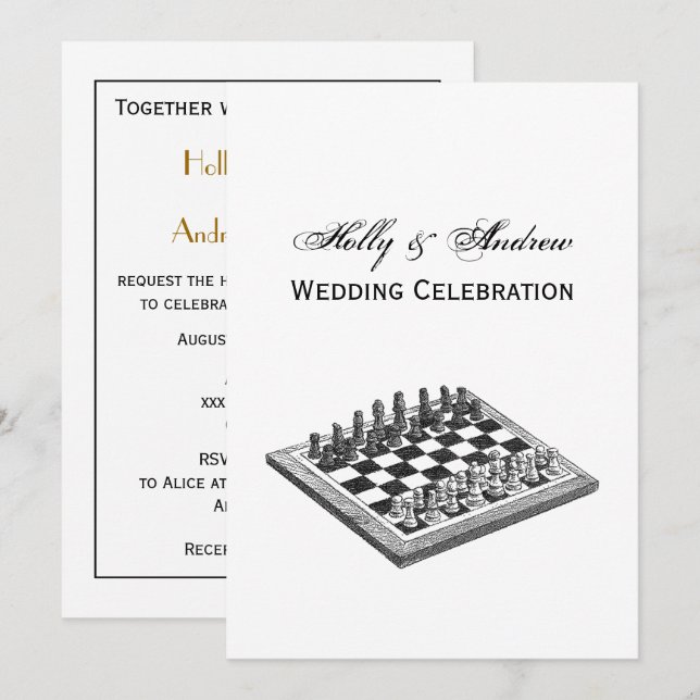Invitation Tableau d'échecs et pièces d'échecs Art Vintage (Devant / Derrière)