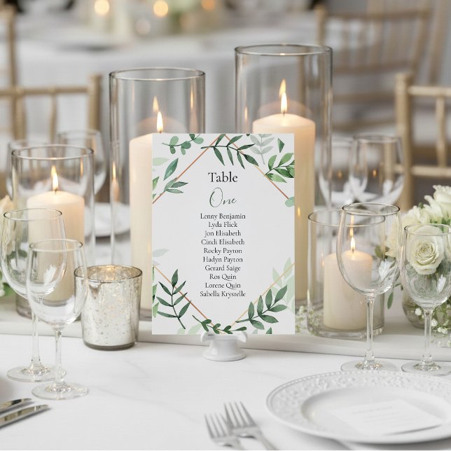 Invitation Tableau des feuilles verts - Nombre de places (Leafy green and copper, wedding table number name chart place card.)