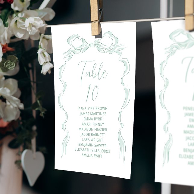 Invitation Tableau des places de la table de la table de la m (Green Hand Drawn Bow Table Number seating chart)