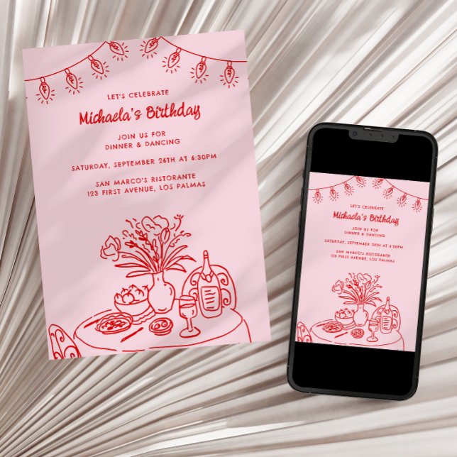 Invitation Tableau Doodle & Chaîne Lumière Fête d'Anniversair (Créateur téléchargé)