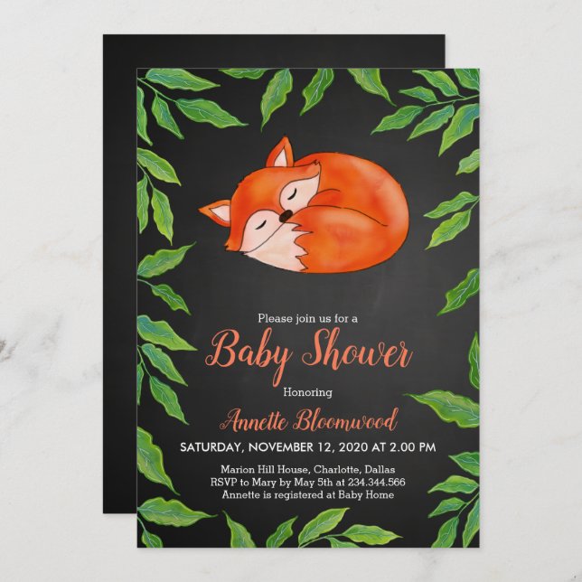 Invitation Tableau | Fox | FEUILLE | Baby shower des bois (Devant / Derrière)