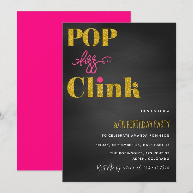 Invitation Tableau noir à paillettes rose et or Pop fizz clin (Devant / Derrière)