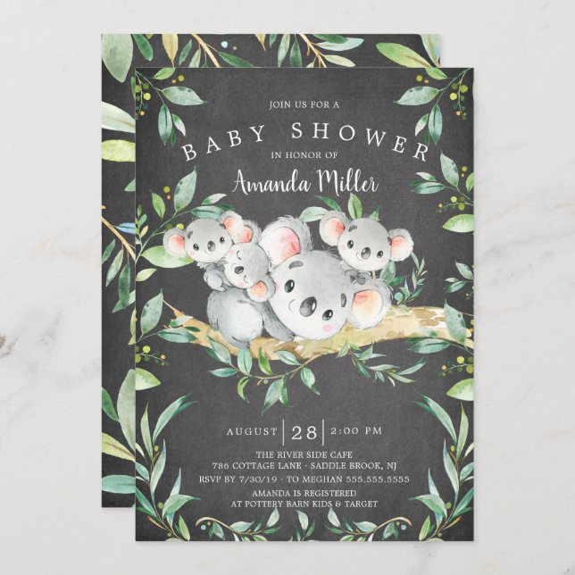 Invitation Tableau noir Adorable Koala Oear Triplet Baby show (Devant / Derrière)