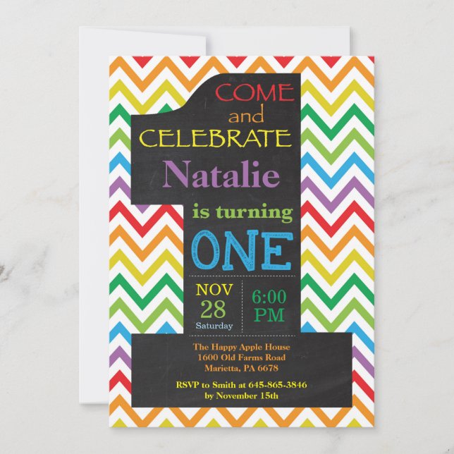 Invitation tableau noir arc-en-ciel pour 1er anniv (Devant)