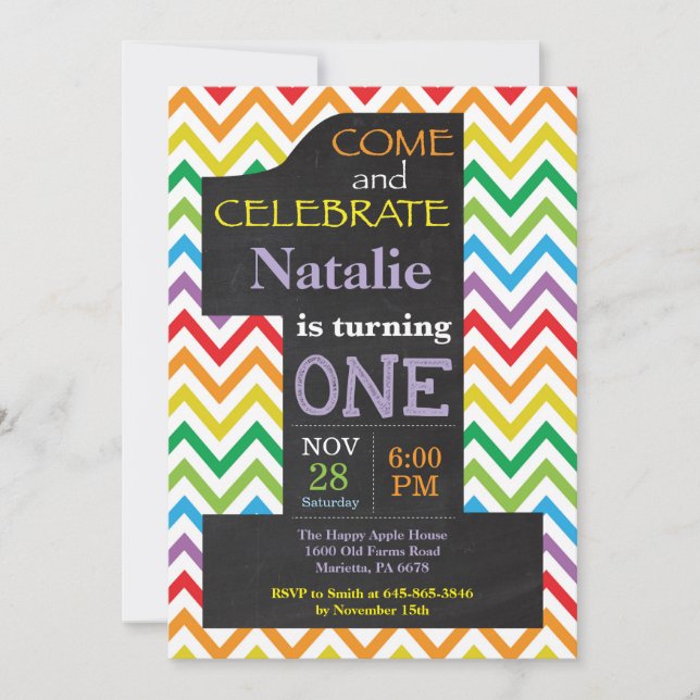 Invitation tableau noir arc-en-ciel pour 1er anniv (Devant)