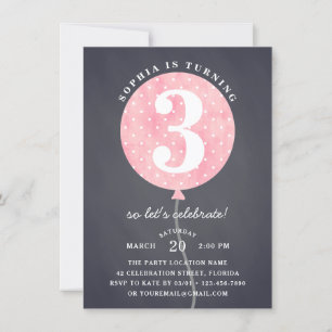 Invitation Tableau noir Balloon rose Fille Anniversaire