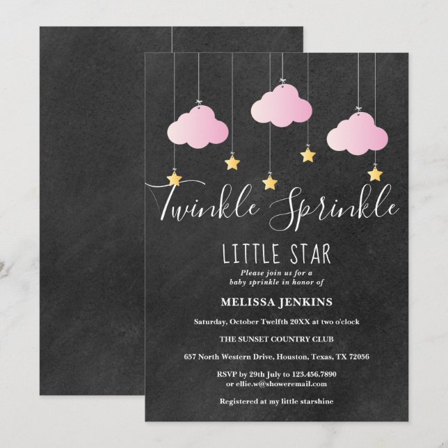 Invitation Tableau Noir Bébé Paillettes Rose Scintillant (Devant / Derrière)