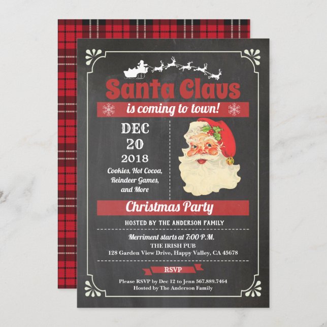 Invitation Tableau noir de la fête de Noël du Père Noël rétro (Devant / Derrière)