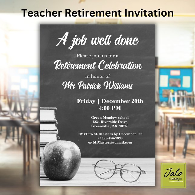 Invitation Tableau noir de retraite d'enseignant Pomme Livres (Créateur téléchargé)