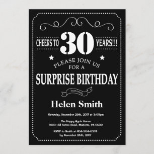 Invitation Tableau noir et blanc du 30e anniversaire de surpr