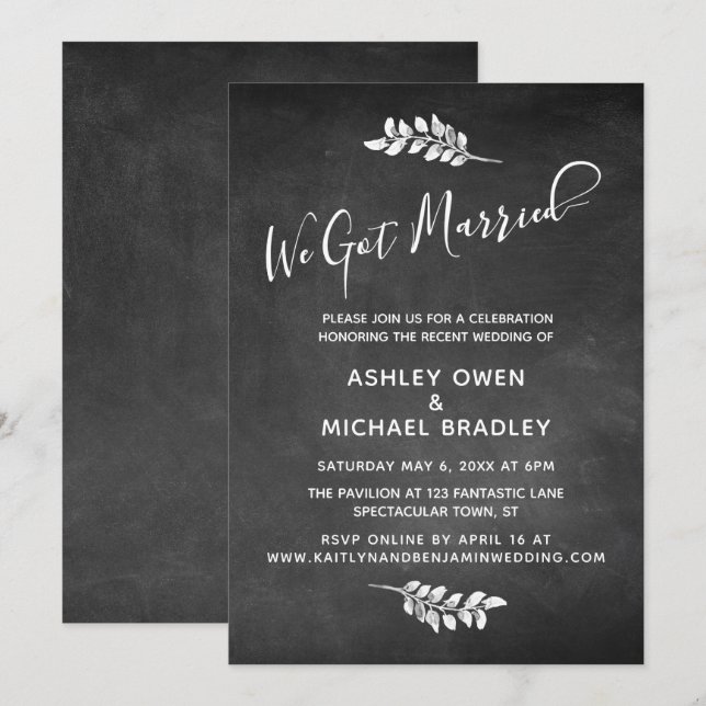 Invitation Tableau noir et botanique Réception de mariage (Devant / Derrière)