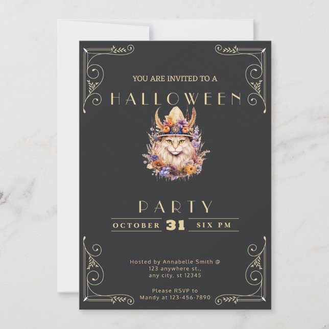 Invitation Tableau noir et or Boho Chat Halloween (Devant)