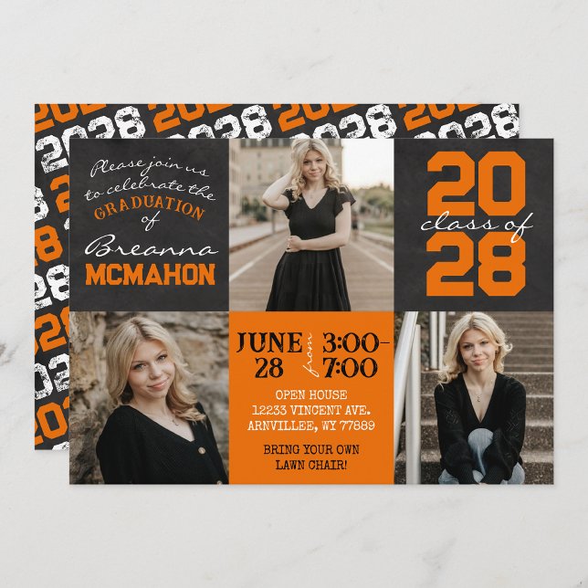 Invitation Tableau noir et orange 3 Diplôme photo (Unique Trendy Orange and Black Graduation 3 Photo Chalkboard Invitations)