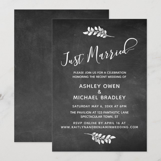 Invitation Tableau noir et réception de mariage botanique "Je (Devant / Derrière)