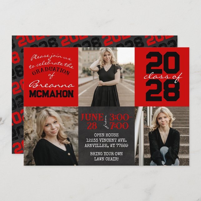 Invitation Tableau noir et rouge 3 Diplôme photo (Red & Black Graduation Chalkboard 3 Picture Invites)