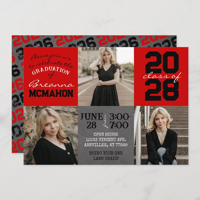 Invitation Tableau noir et rouge 3 Diplôme photo (Red & Black 3 Photo Chalkboard Graduation Invites)