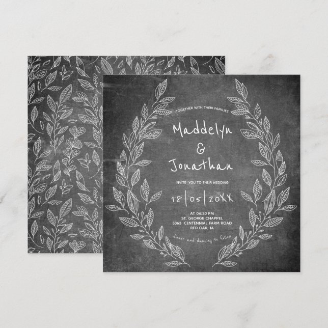 Invitation Tableau Noir Floral Mariage Rustique Blanc (Devant / Derrière)
