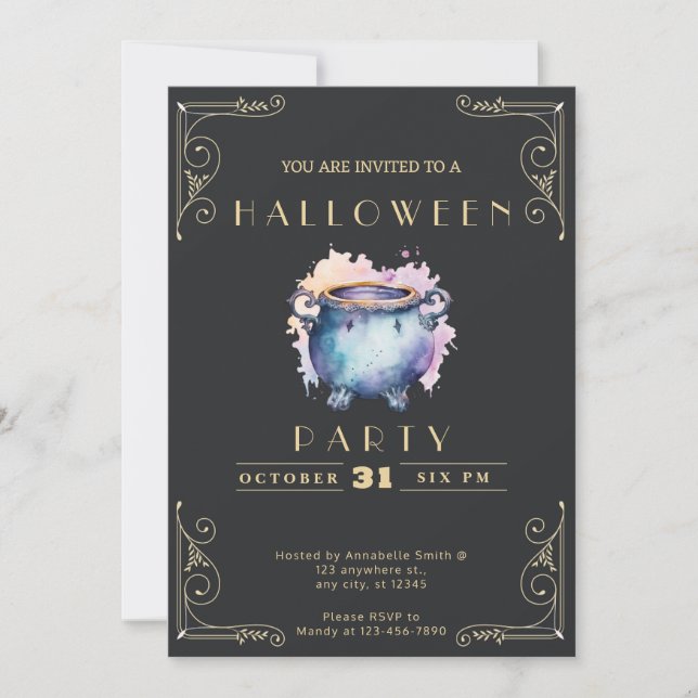 Invitation Tableau noir Halloween Chaudron Noir & Or Bleu (Devant)