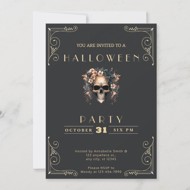 Invitation Tableau noir Halloween Crâne & Fleurs Noir & Or (Devant)