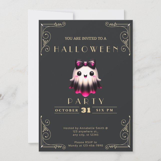 Invitation Tableau noir Halloween Crânes à Arc Fantôme Noir & (Devant)