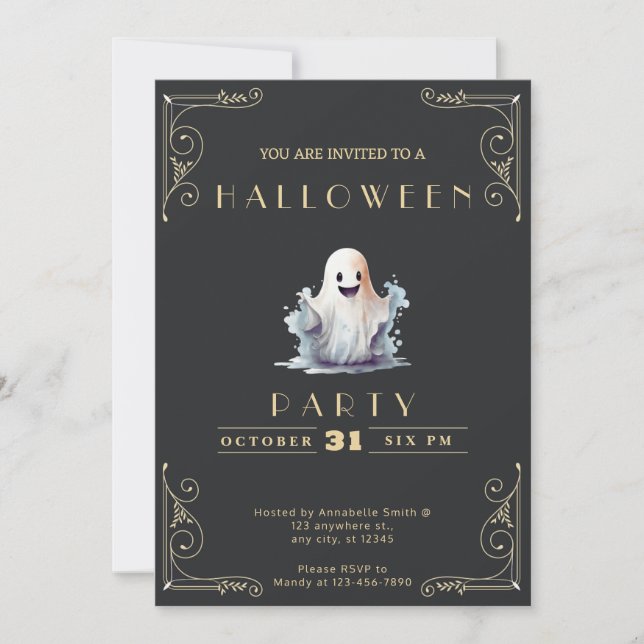 Invitation Tableau noir Halloween fantôme mignon noir et or (Devant)