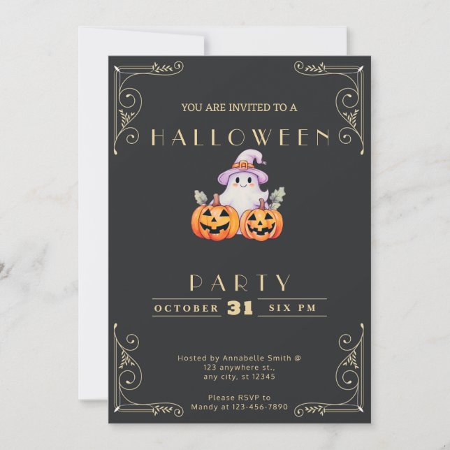 Invitation Tableau noir Halloween fantôme noir et or (Devant)
