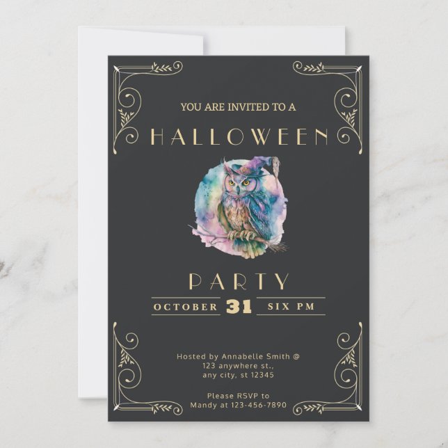 Invitation Tableau noir Halloween Hibou Pastel Noir & Or (Devant)