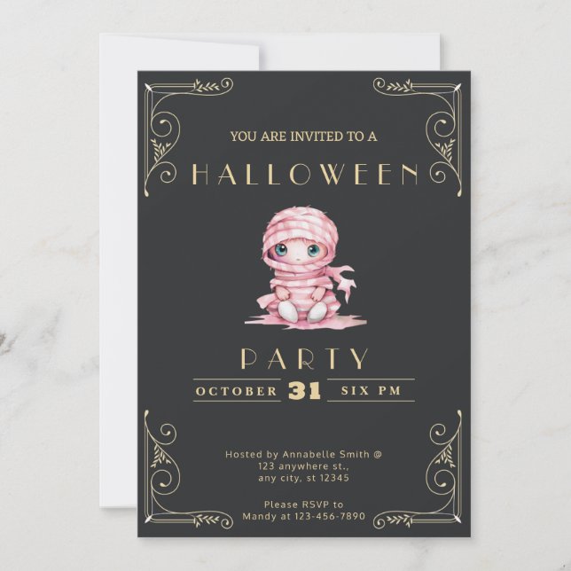 Invitation Tableau noir Halloween Mummy Rose et Or (Devant)