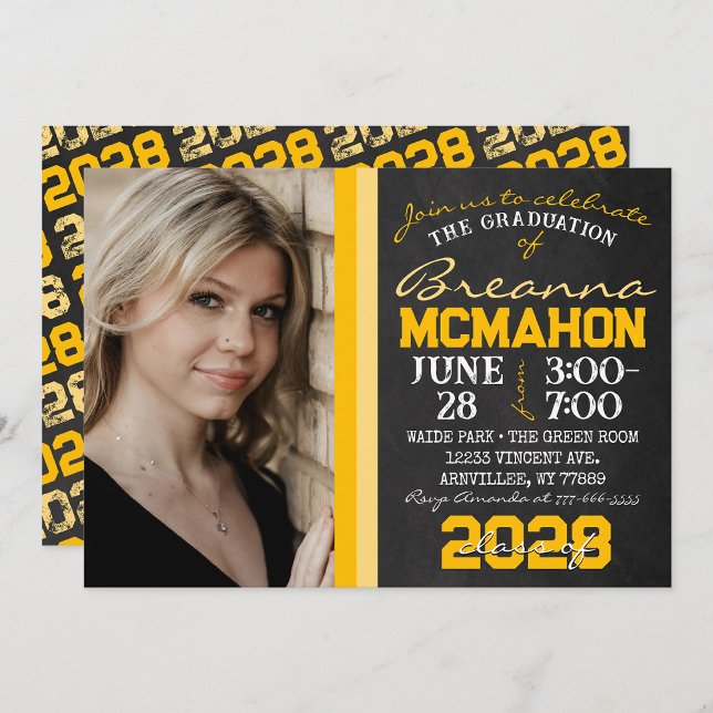 Invitation Tableau noir jaune d'or - photo ( Repeating Class Year 1 & 2 Photo Graduation Invitations & Announcements)