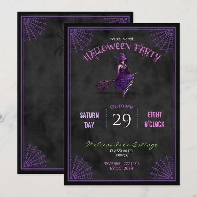Invitation Tableau noir Jolie sorcière sur balai Halloween (Devant / Derrière)