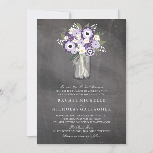 Invitation Tableau noir Mason Jar violet Garden | MARIAGE (Devant)
