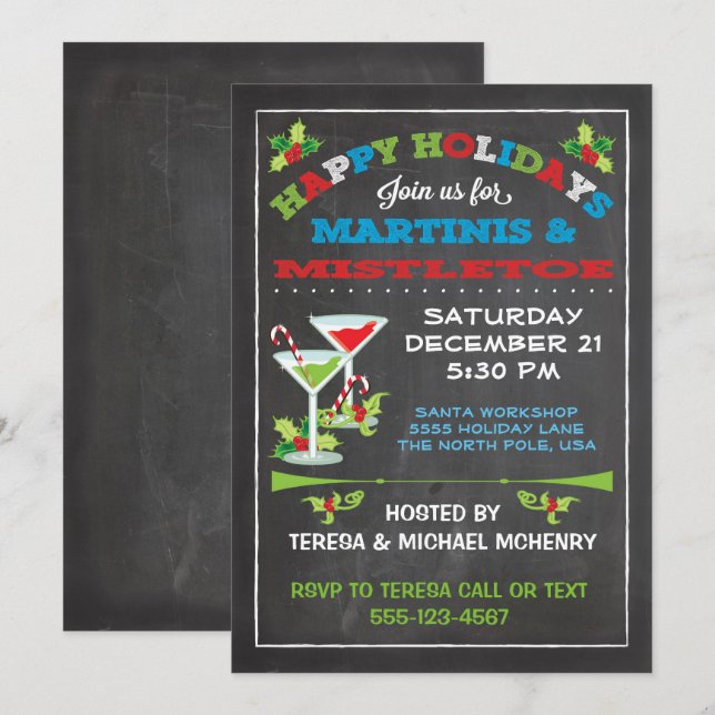 Invitation Tableau noir Mistletoe de Noël et Martinis PARTY (Devant / Derrière)