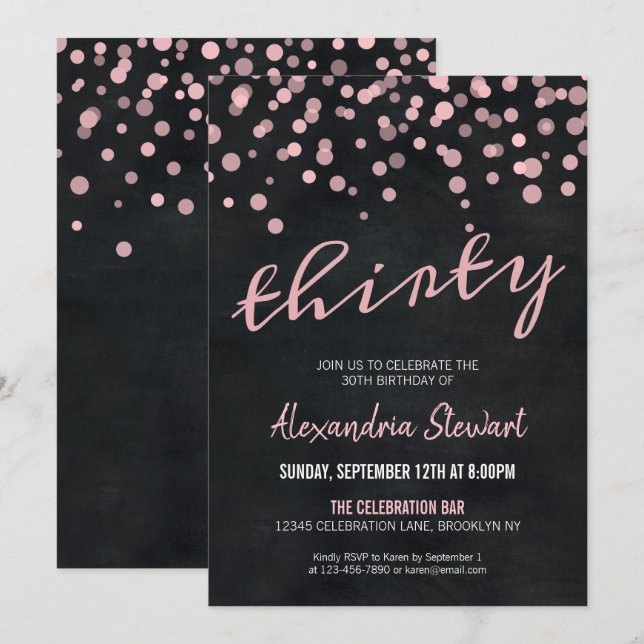 Invitation Tableau noir moderne rose Confetti Dots 30e annive (Devant / Derrière)