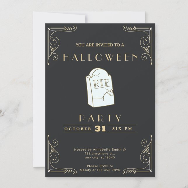 Invitation Tableau noir noir & or gris RIP Tombe Halloween (Devant)