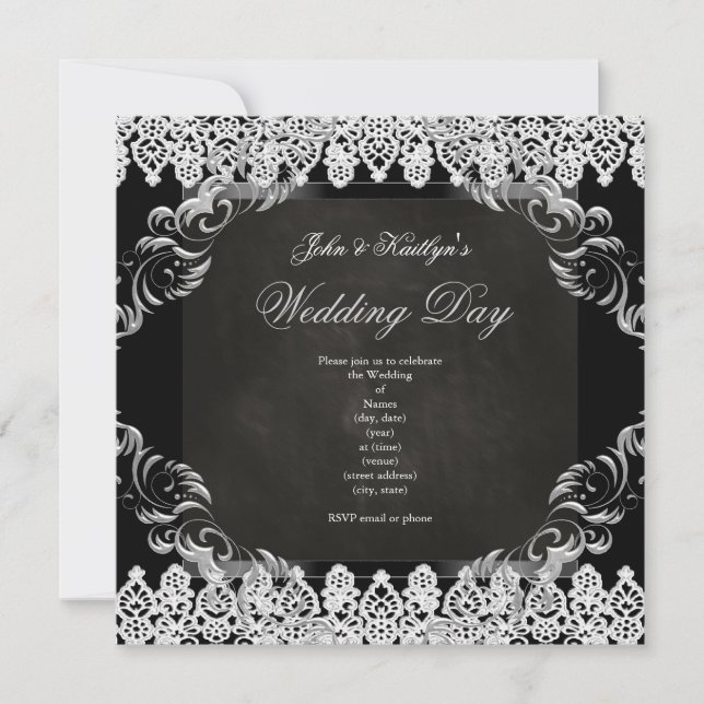 Invitation Tableau noir noir Vintage dentelle mariage Argent  (Devant)
