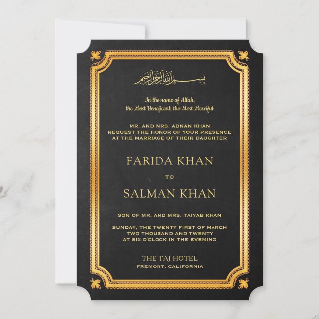 Invitation Tableau Noir Or Mariage Musulman Traditionnel Isla (Devant)