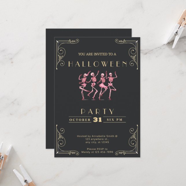 Invitation Tableau noir & or Pink Skeletons Halloween (Devant/Arrière en situation)