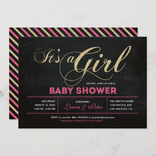 Invitation Tableau noir, Or   Typographie Baby shower fille