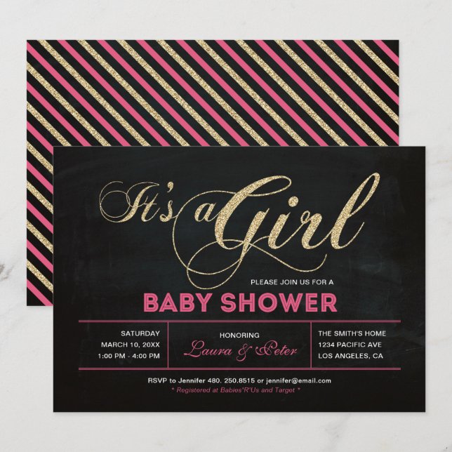 Invitation Tableau noir, Or | Typographie Fille Baby Shower (Devant / Derrière)