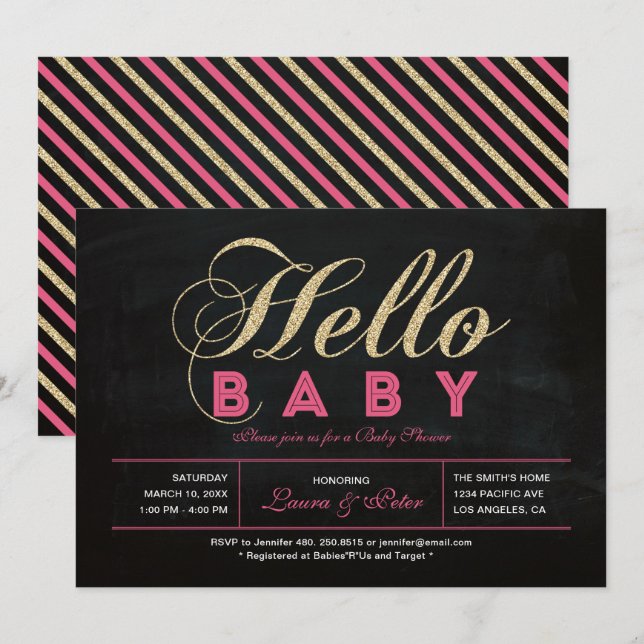 Invitation Tableau noir, Or | Typographie Fille Baby Shower (Devant / Derrière)
